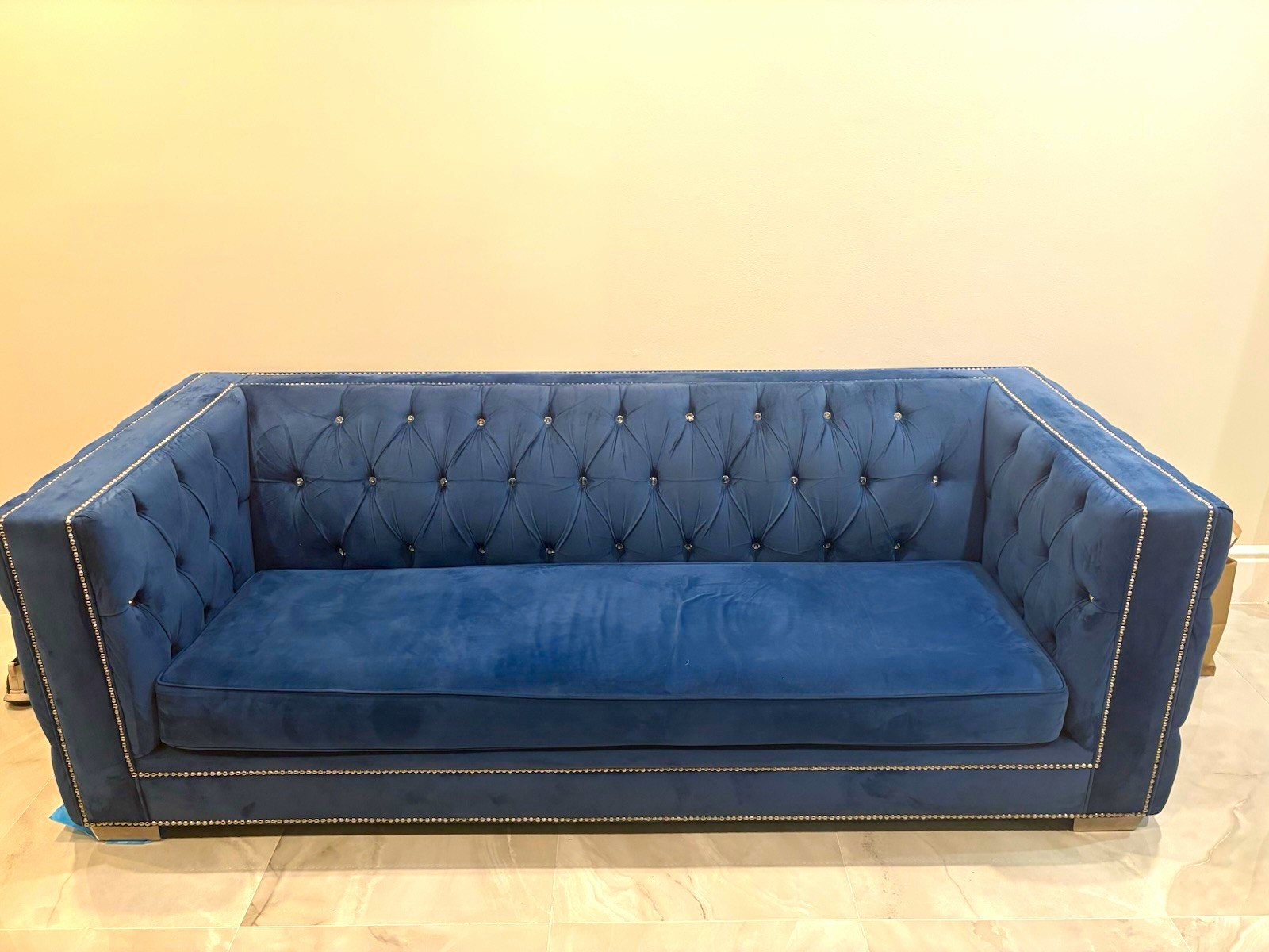 Blue Velvet Tufted Chesterfield Sofa w/ Nailhead Trim, 2-Seater Cushions