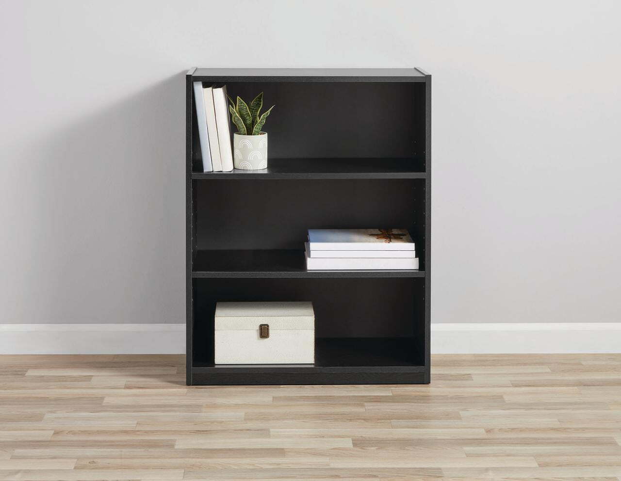 True Black Oak, Mainstays 3-Shelf Bookcase with Adjustable Shelves, new
