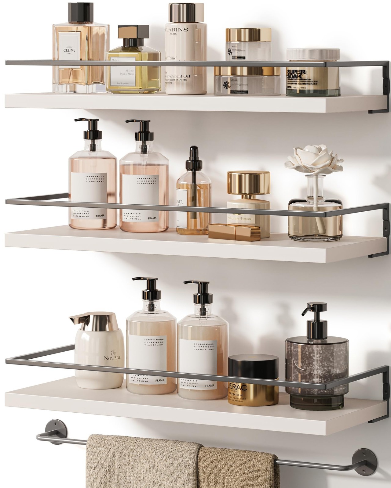 White Grey Wall Mounted Bathroom Floating Shelves Organizer 15.7 Inch 3 PCS