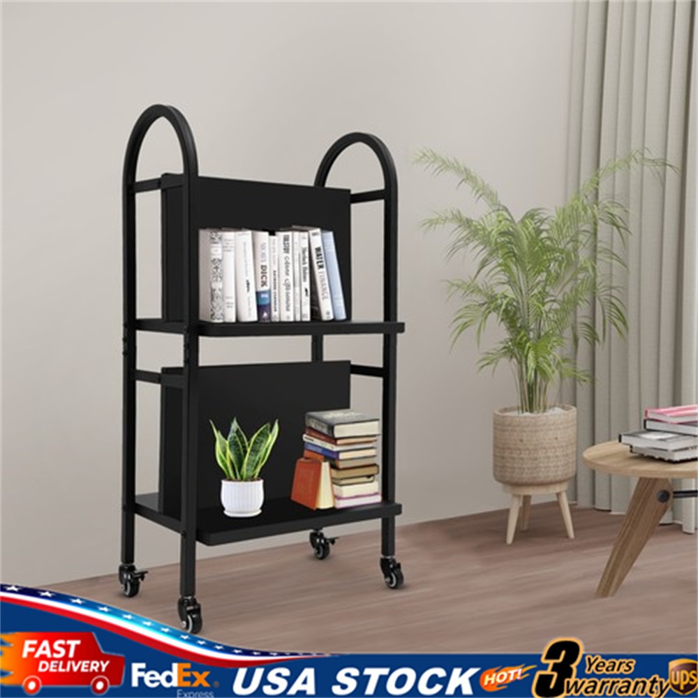 2 Tier Rolling Storage Cart Library Book Cart Office Moveable Shlef w/ 4 Wheels