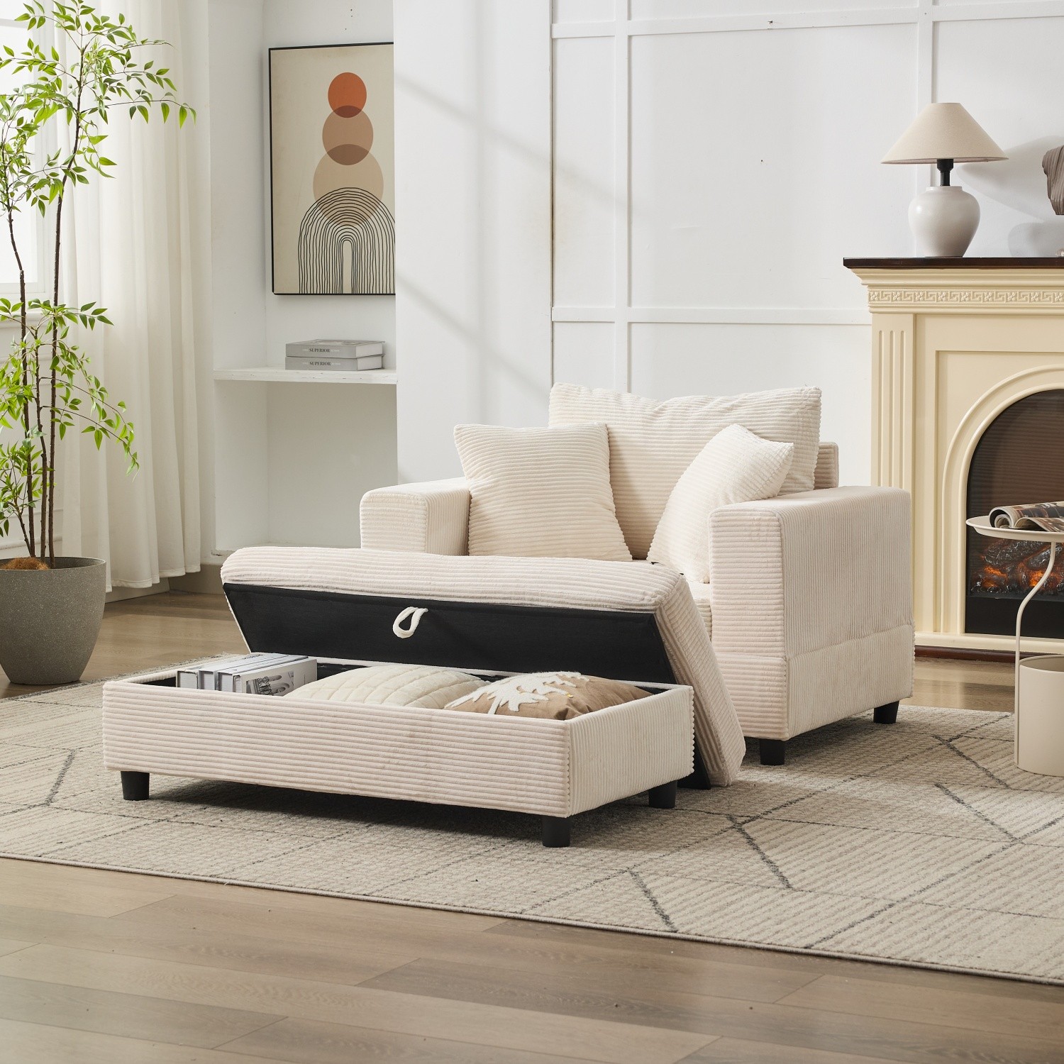 Modern Upholstered Chaise Lounge Armchair with Storage Ottoman for Living Room