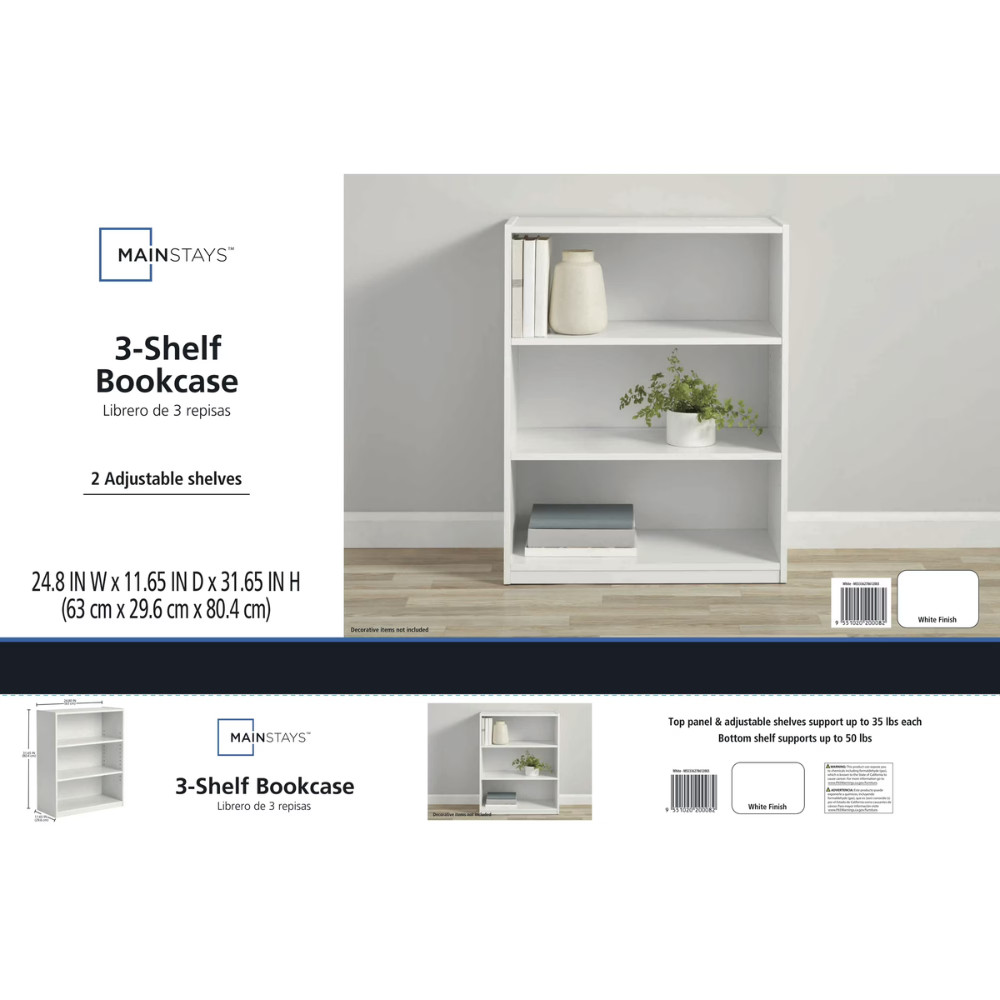 Mainstays 3-Shelf Wood Bookcase, Adjustable Shelves, Storage Display Unit, White