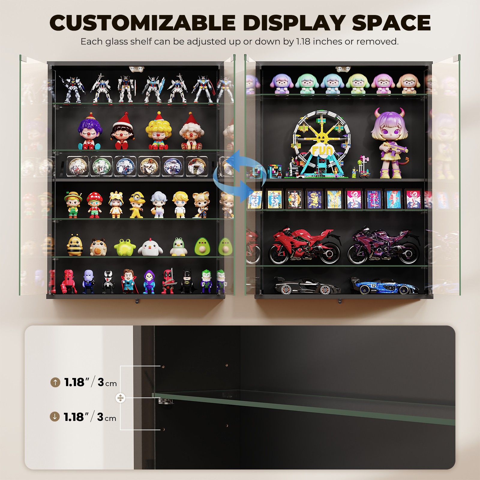 3-Color LED Lighted Display Cabinet, 6-Tier Wall-Mounted Showcase For Colletible