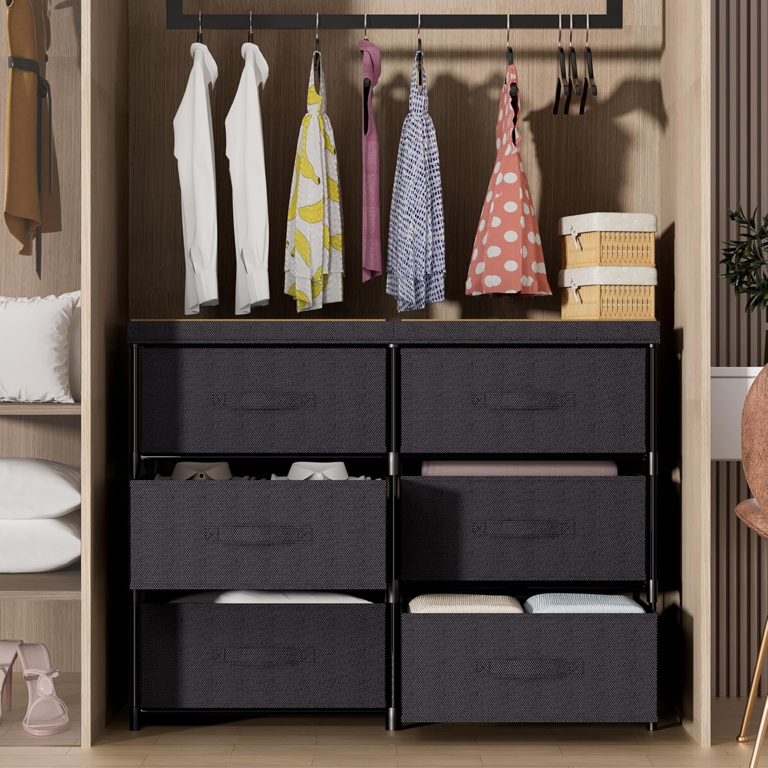 Dresser with 6 Fabric Drawer Stand Desktop Sturdy Metal Plastic Support Tube Cub
