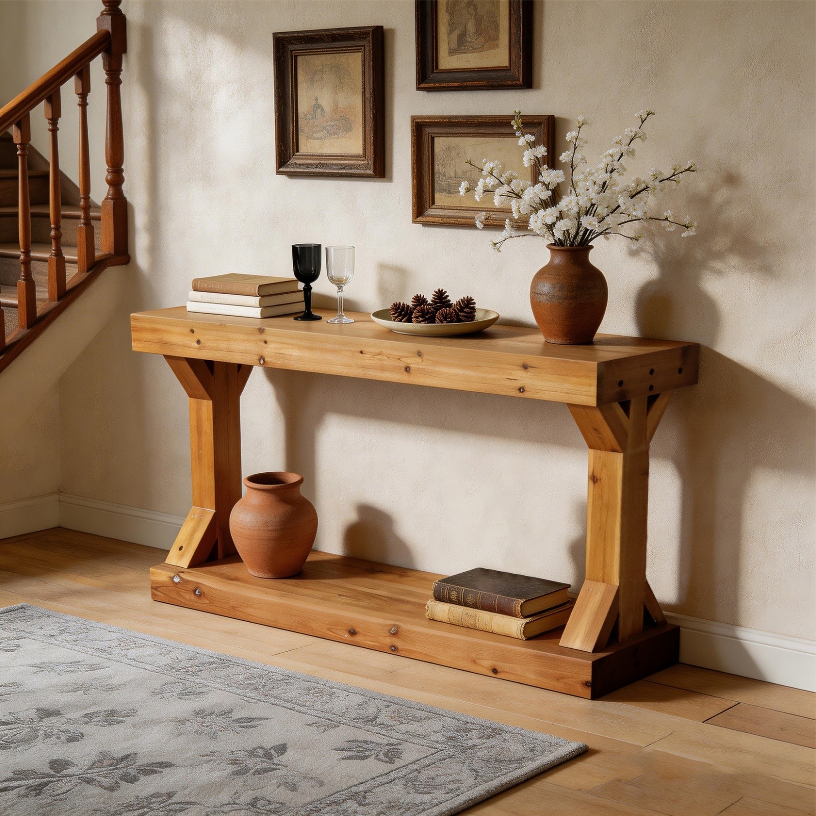 Long Solid Wood Console Table Rustic Farmhouse Entryway Sofa Table with Shelf