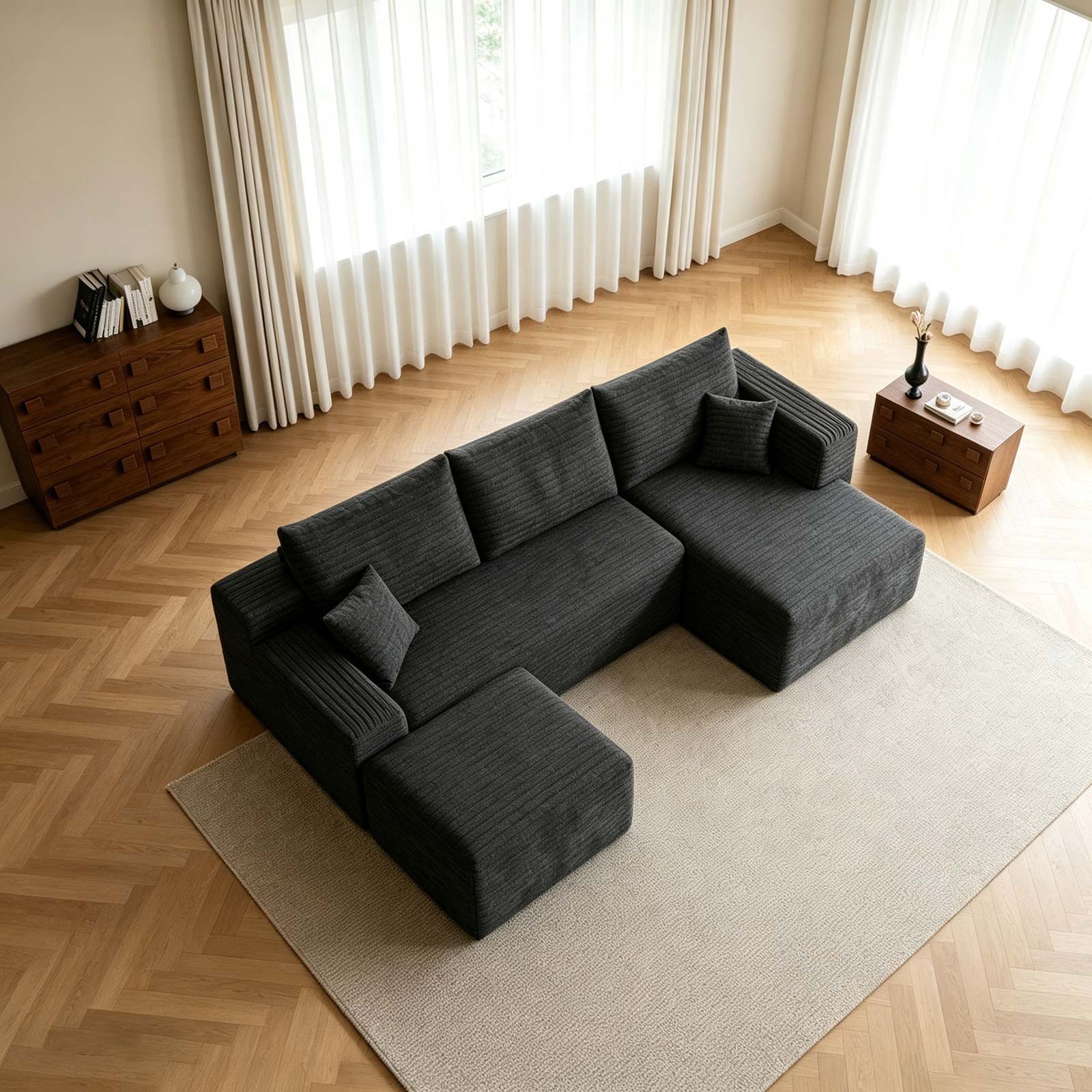 95″ U Shaped Boneless Sectional Couch Memory Foam Sofa Right Chaise with Ottoman