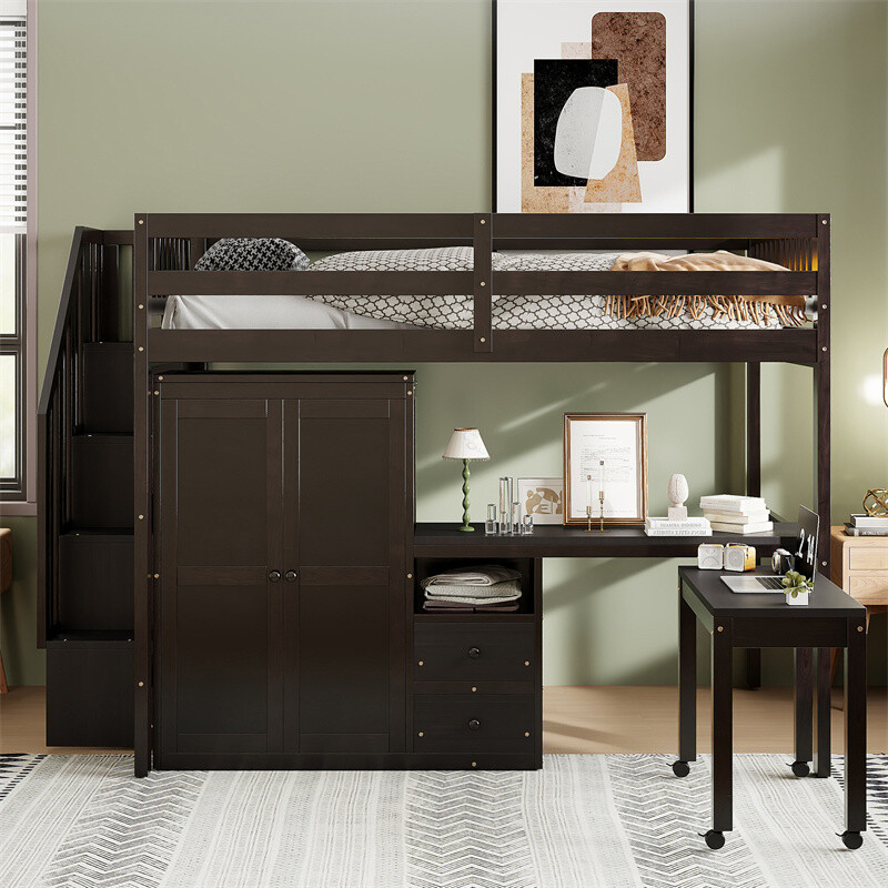 Full Size Wood Loft Bed w/Storage Stairs,Desk,Wardrobe & Movable Table-Espresso