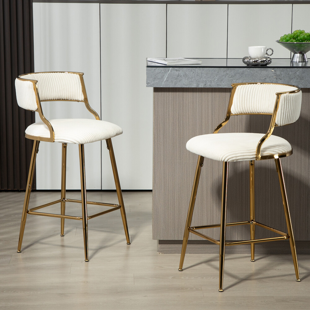 2pcs 26” Counter Bar Stools Corduroy Kitchen Counter Bar Stool w/ Back Footrest