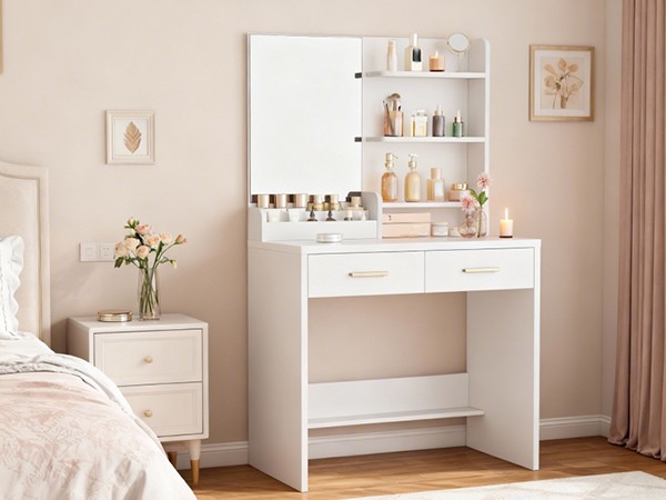 Vanity Desk Easy Assembly Dressing Table Full Mirror Design Bedroom Cosmetic Sto
