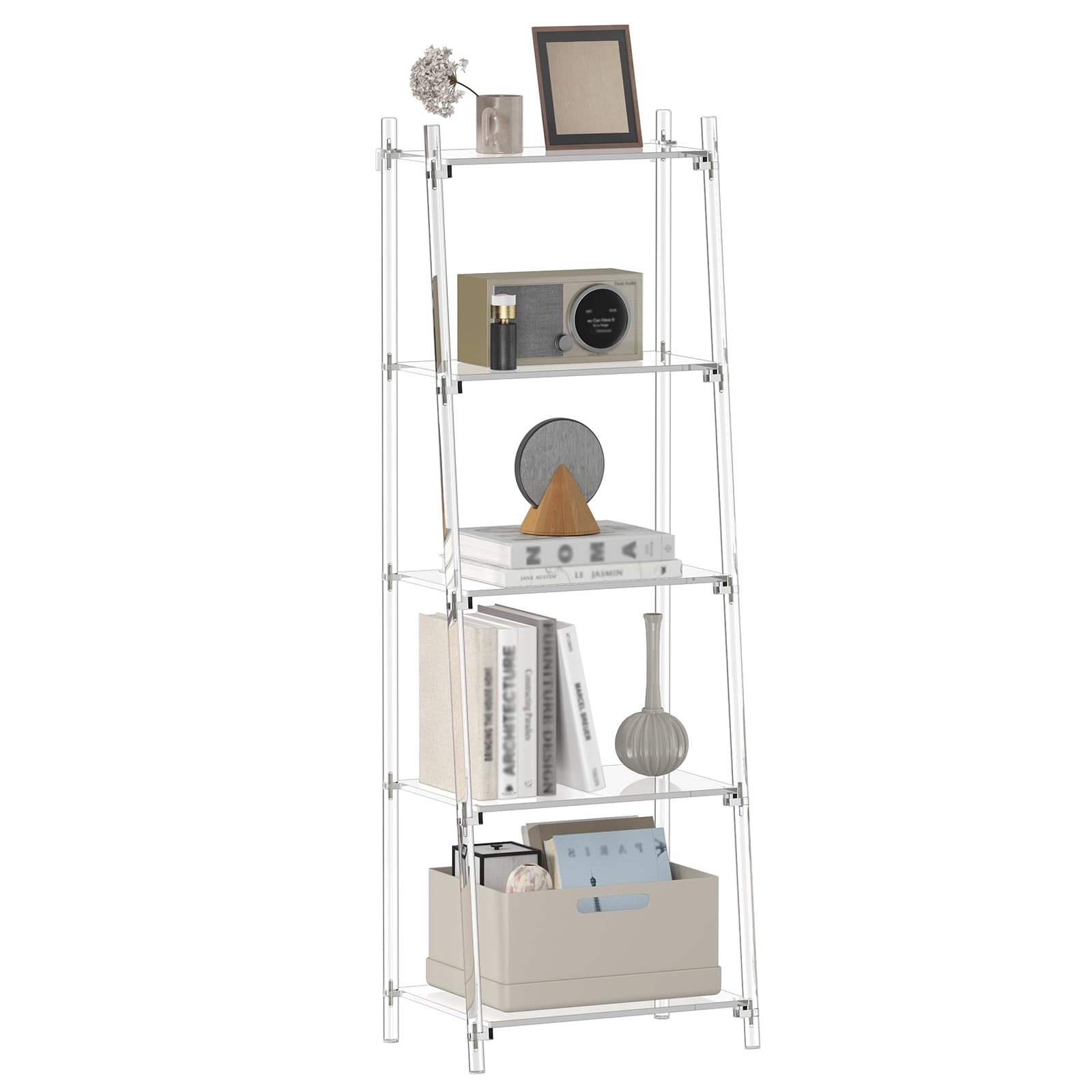 CRTERICX Acrylic Ladder Bookshelf, 13.8″ D x 20.5″ W x 59″ H, 5-Tier Tall Cle…