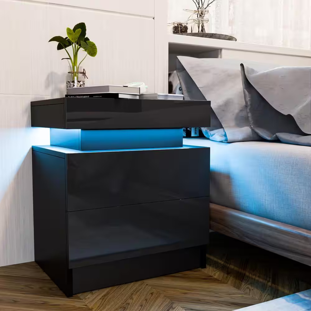 2-Drawer Black LED Nightstand 20.5 In. H X 17.7 In. W X 13.8 In. D