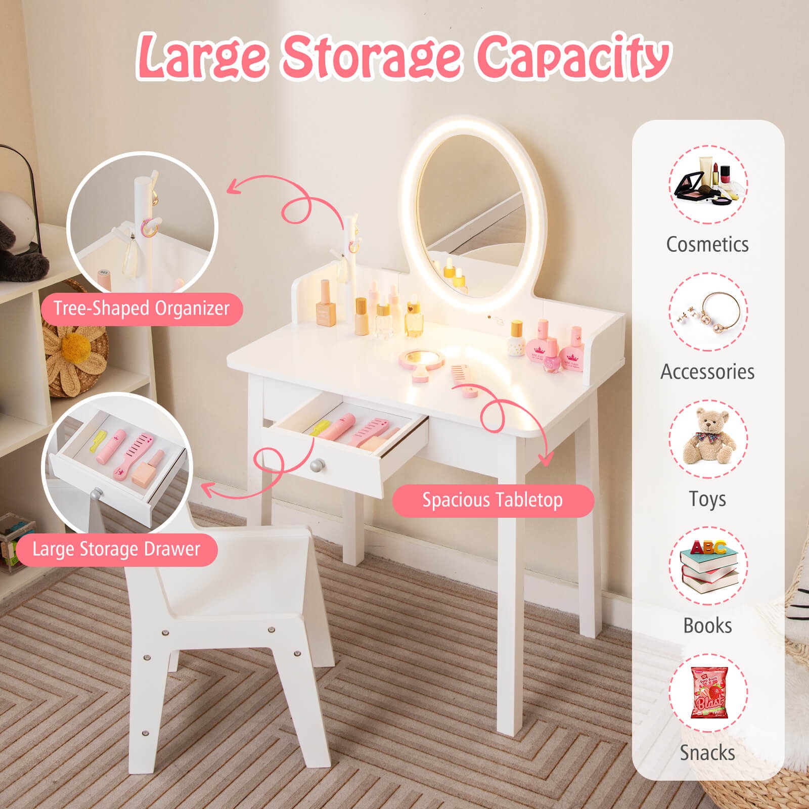 Kids Vanity Table w/Lighted Mirror & Chair 2-Color LED Lighting Drawer for Girls