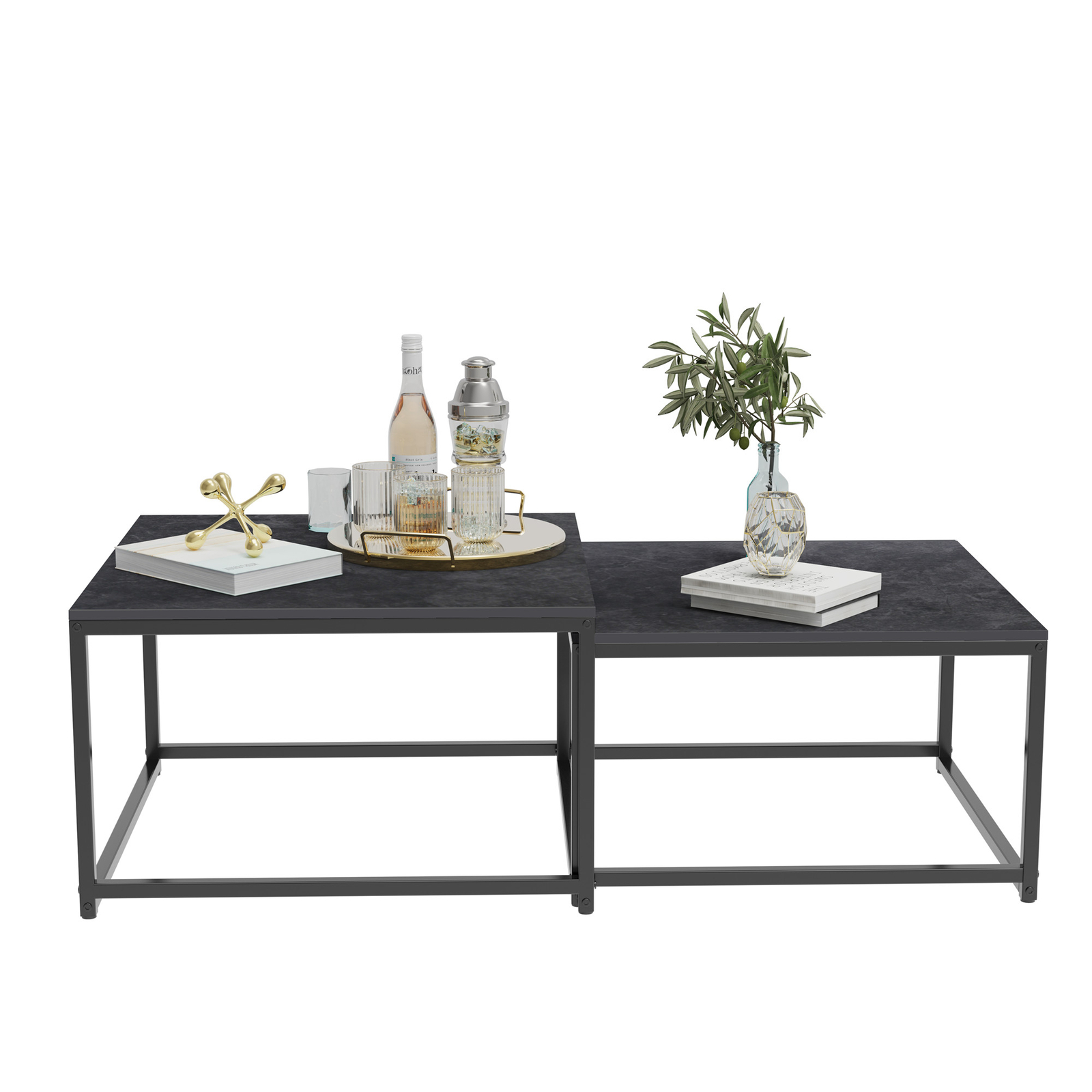 Modern Nesting Coffee Table Square Black Metal Frame Marble Sintered Stone Table
