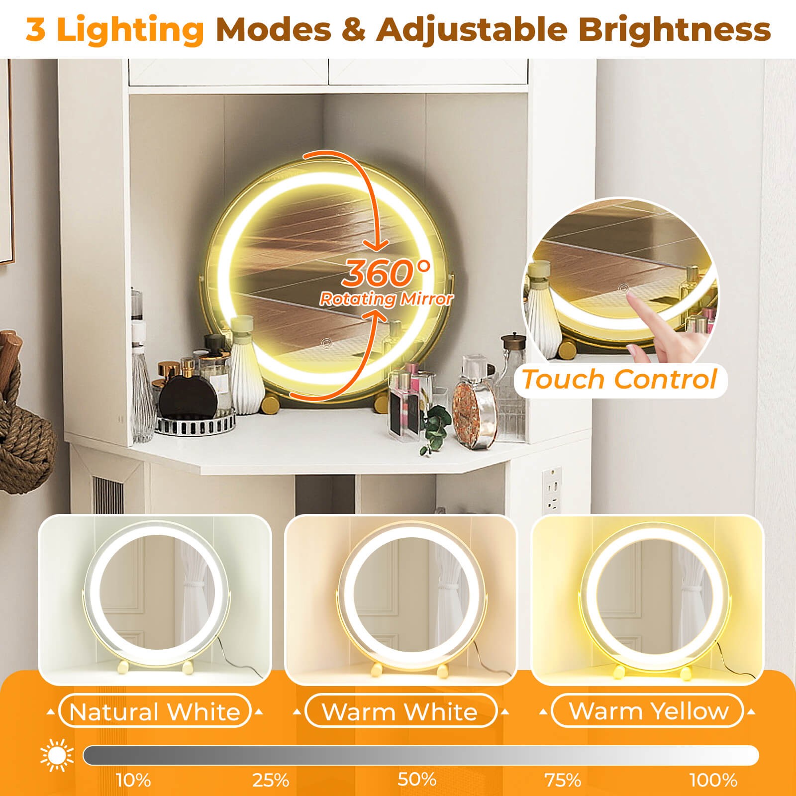 Corner Vanity Desk w/ Mirror & Lights Compact Dressing Table w/ Charging Station