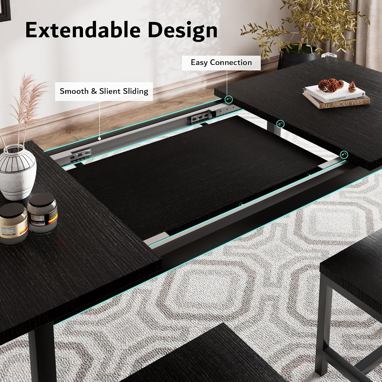 7-Piece Extendable Dining Table Set with 6 Stools, 63″ Kitchen Table Set for