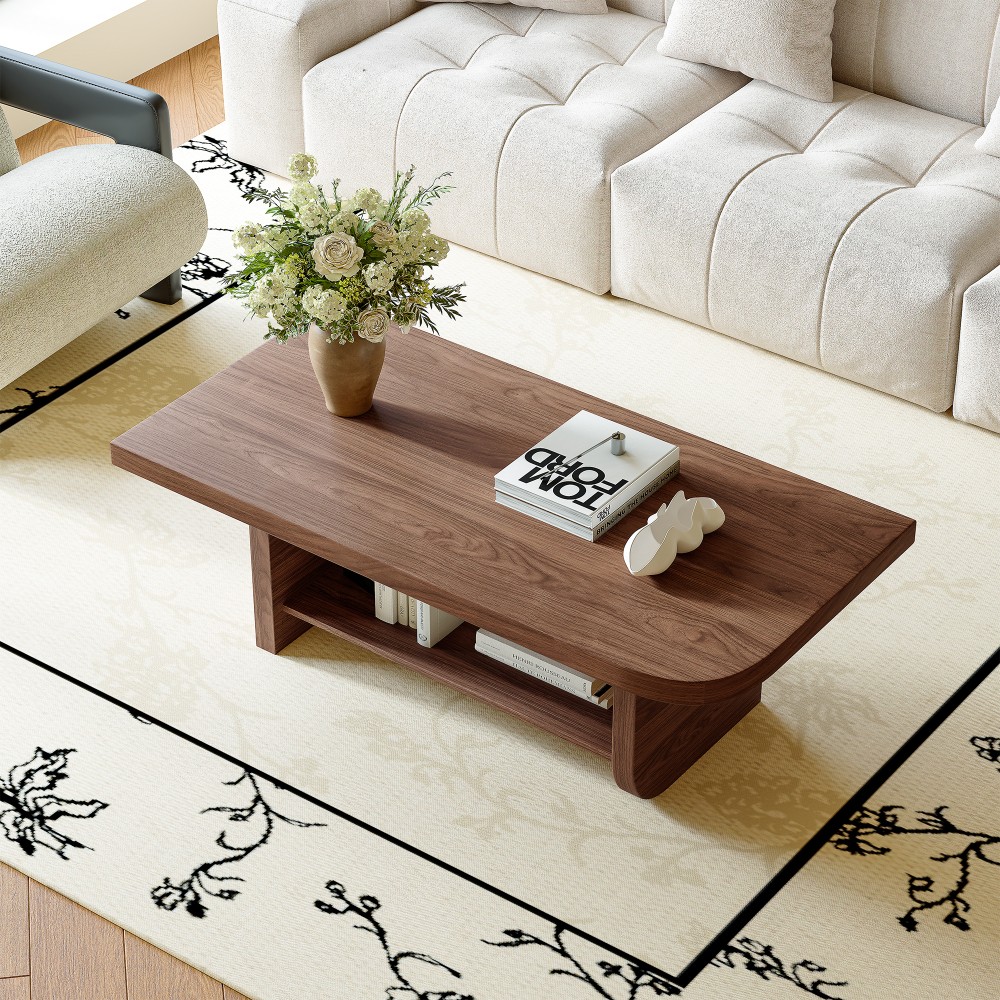 47.2″ Fan-Shaped Coffee Table with Shelf, Walnut Mid-Century Modern