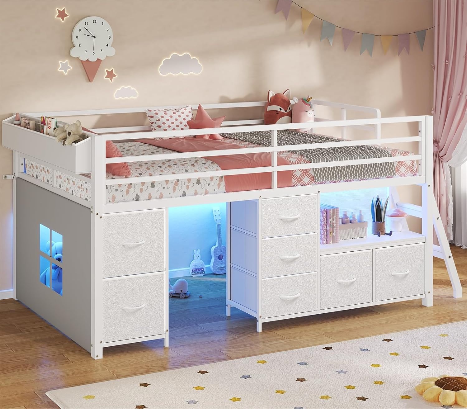 ADORNEVE Low Loft Bed Twin Size with 7 Storage Drawers, Bookcase and LED Lights,