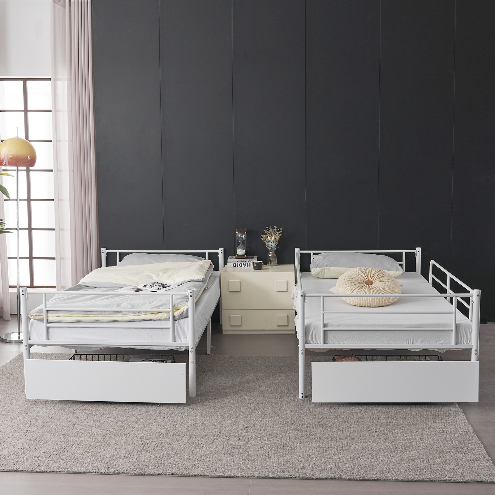 Twin Over Twin Convertible Bunk Bed with 2 Storage Drawers, Metal Bunk Bed White
