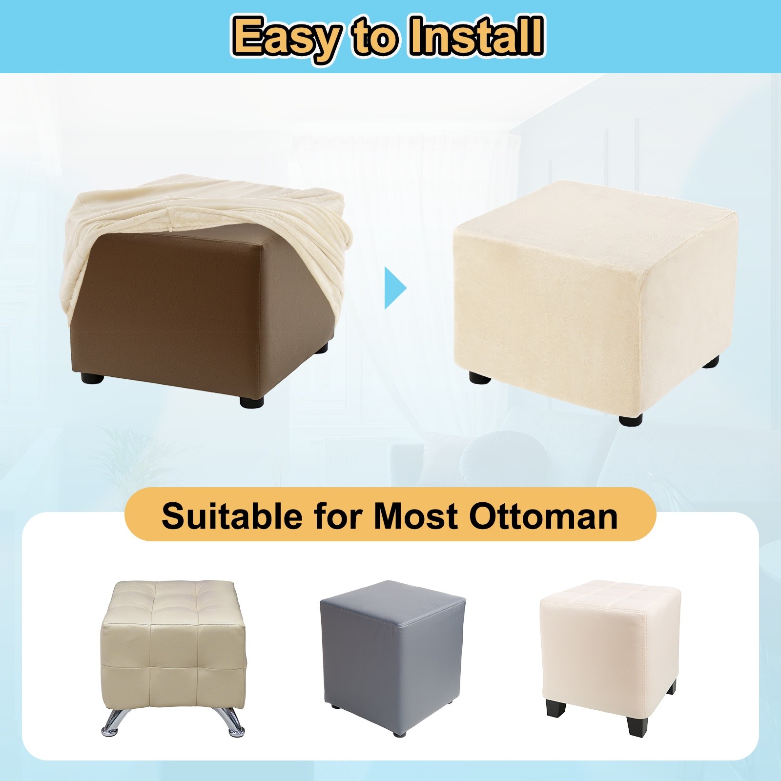 Square Extendable Stool Cover, Length 68-81cm, Light Beige