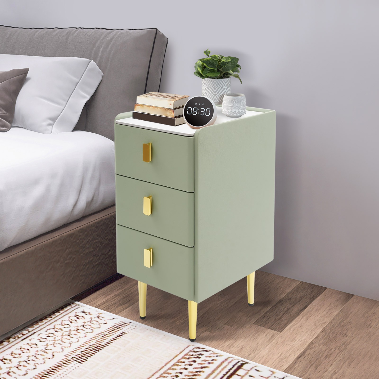 Narrow 3-Drawer Nightstand Bedside Table Green Gold Leather Rock Slab Top