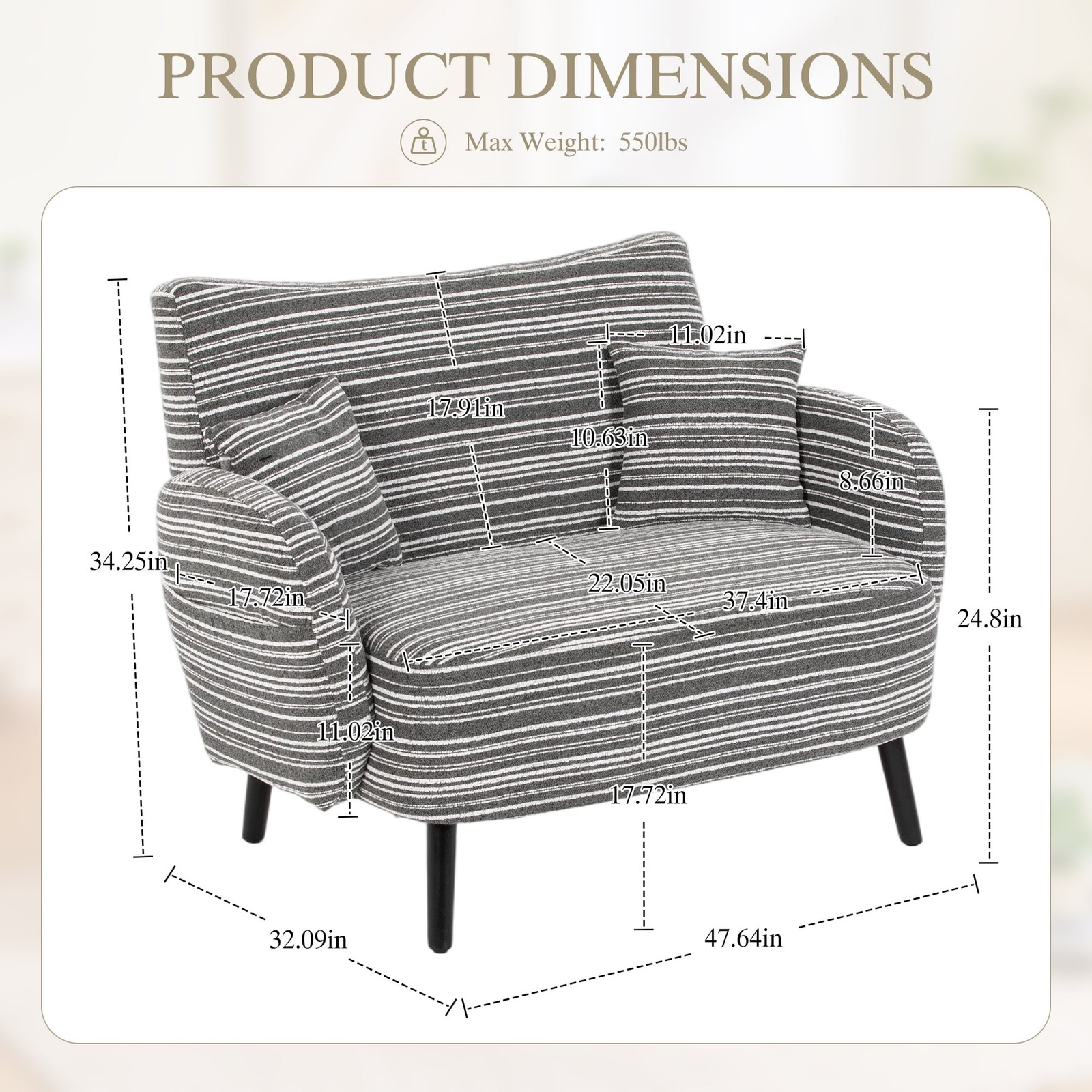 Gray Two Seater Sofa Solid Wood Legs Comfy Furniture For Living Room Home Office