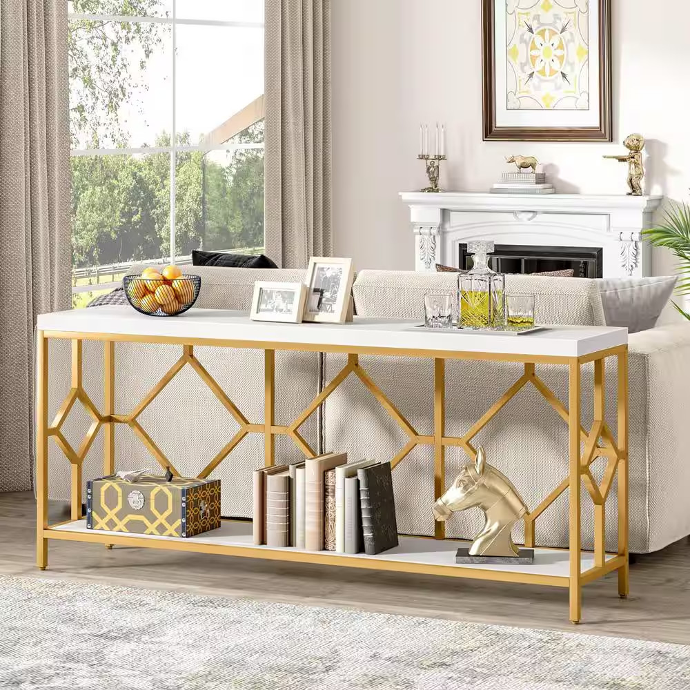 Turrella 70.9 In. Whiteandgold Extra Long Rectangle Wood Console Table behind Co