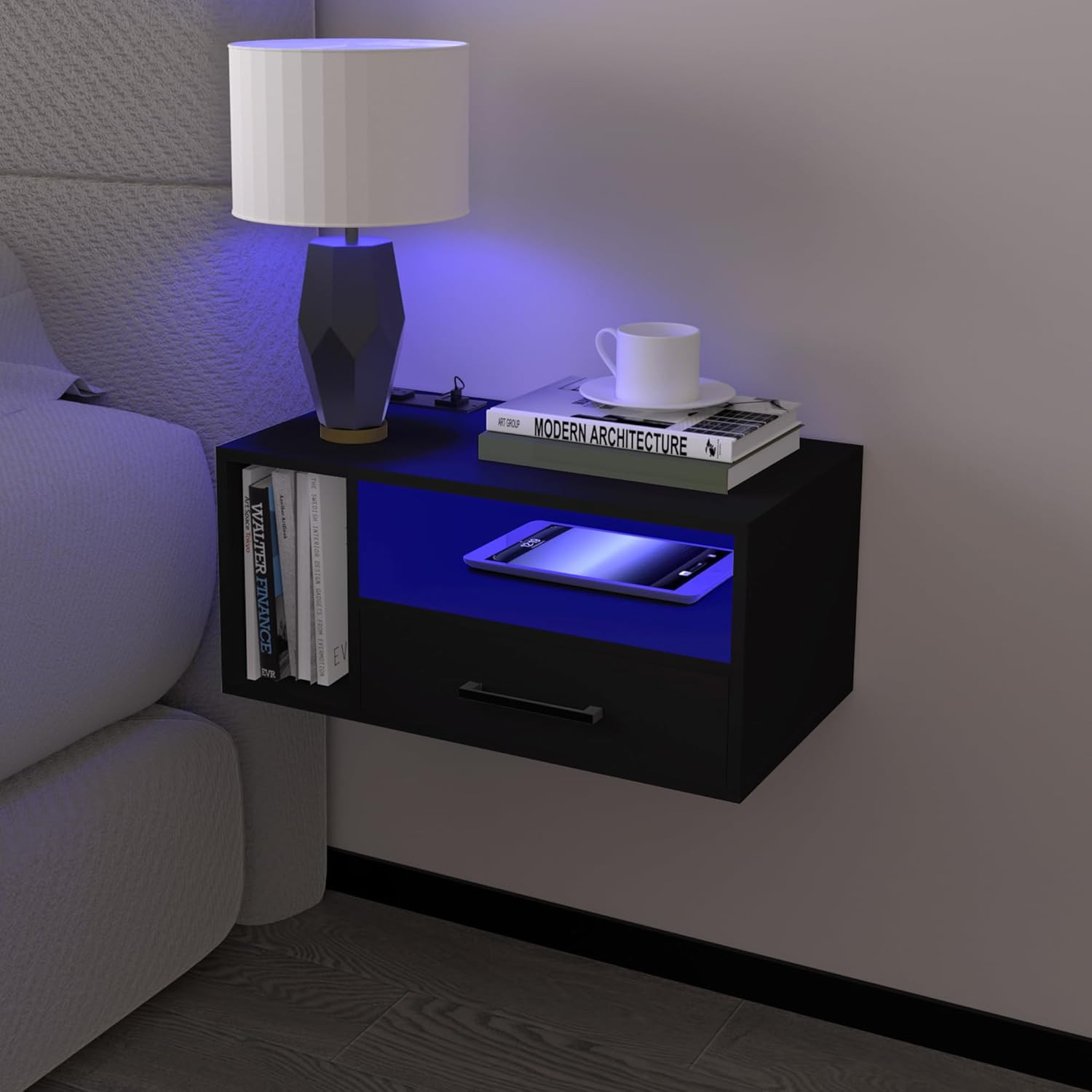 Floating Nightstand with Charging Station & LED Lights, Black, 21.3″ x 11.8