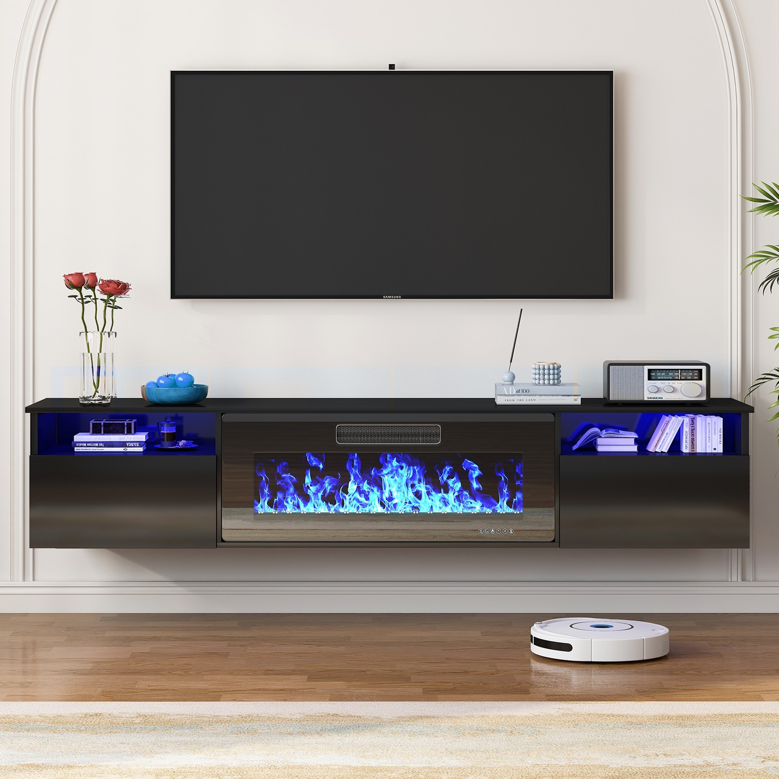 DISHUP 80″ Floating Fireplace TV Stand with 36″ Electric Fireplace,TVs up to 90″