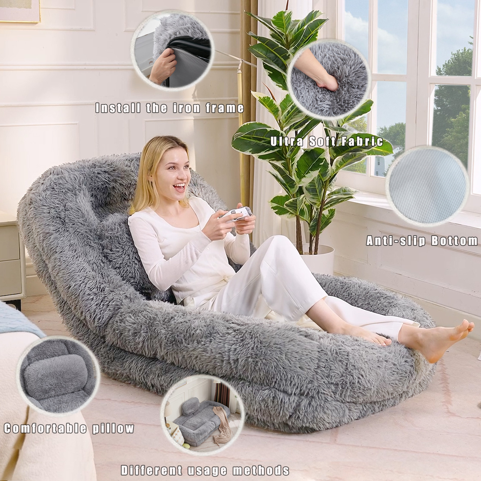 Adjustable Floor Sofa Bed, 5-Position Backrest, Light Gray, 69″ L x 35″ W