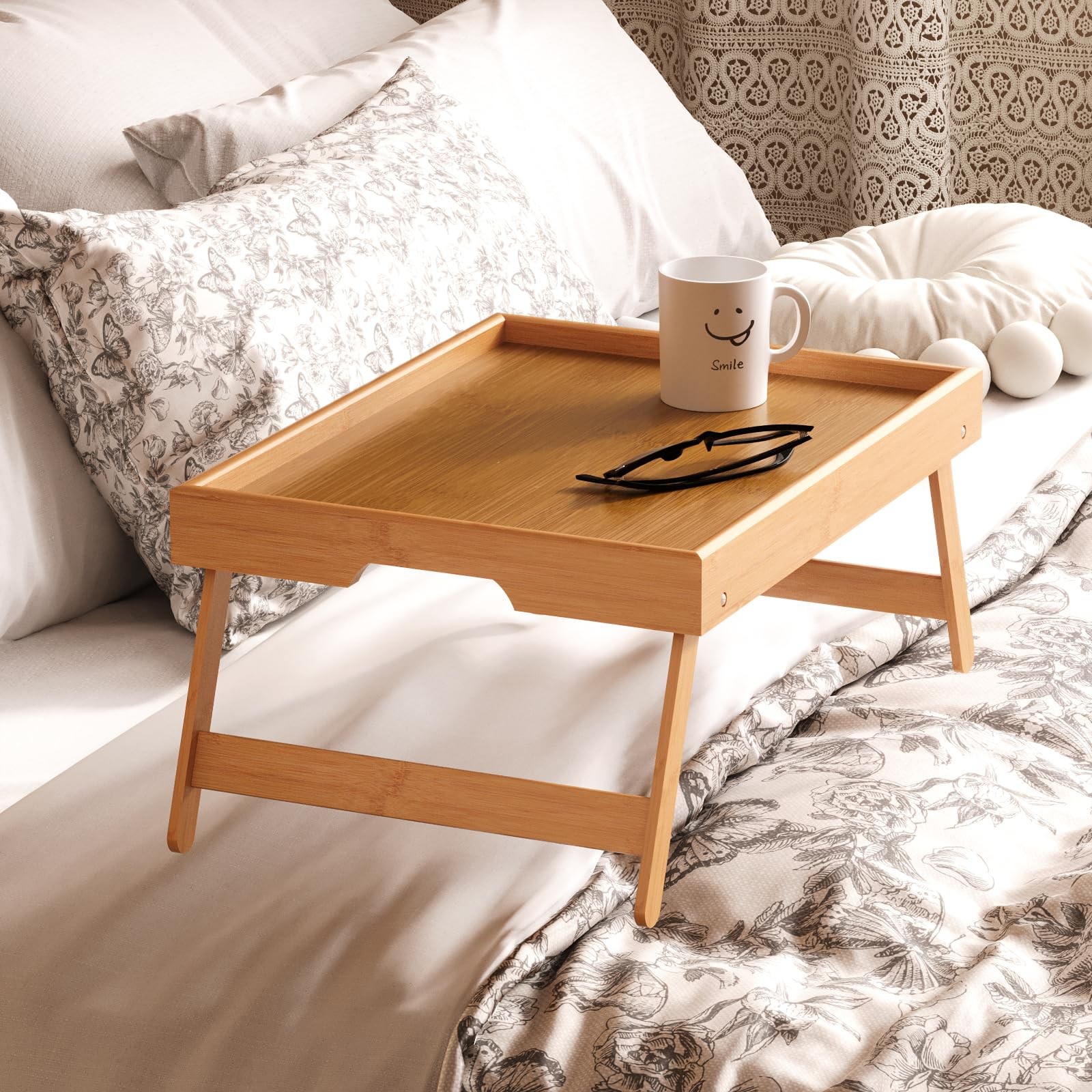 2 Pack Bamboo Bed Tray Table with Folding Legs,Breakfast Trays,Serving Tray f…