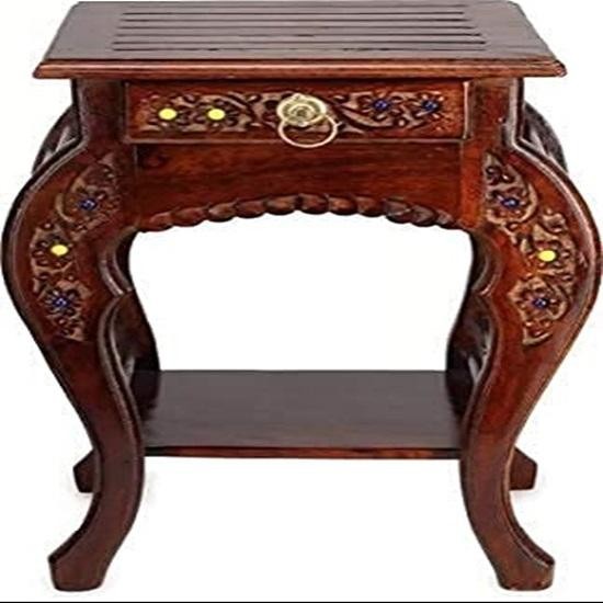 Wooden Stool Natural Wood Side Table 53.34cm With Drawer For Living Room