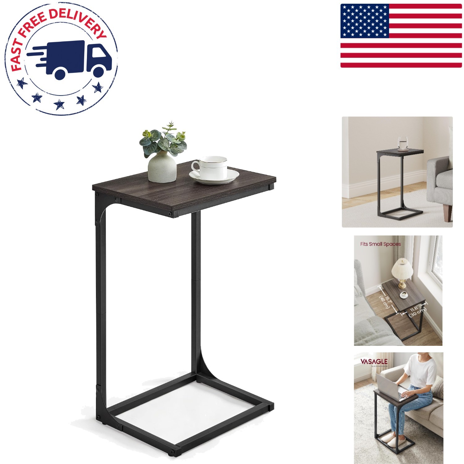 Elegant C-Shaped End Table for Sofa with Strong Metal Frame – Easy Assembly