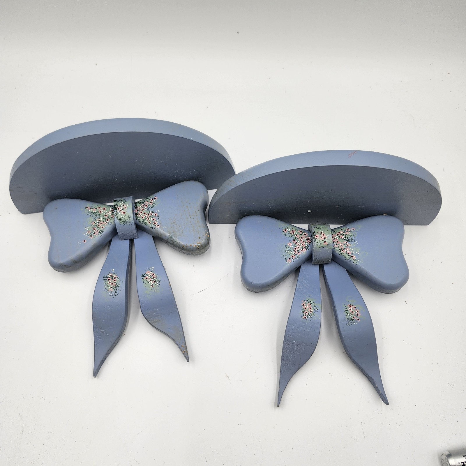 2 blue Vintage Bow Wall Shelf cottagecore hand painted flowers sconce shelves