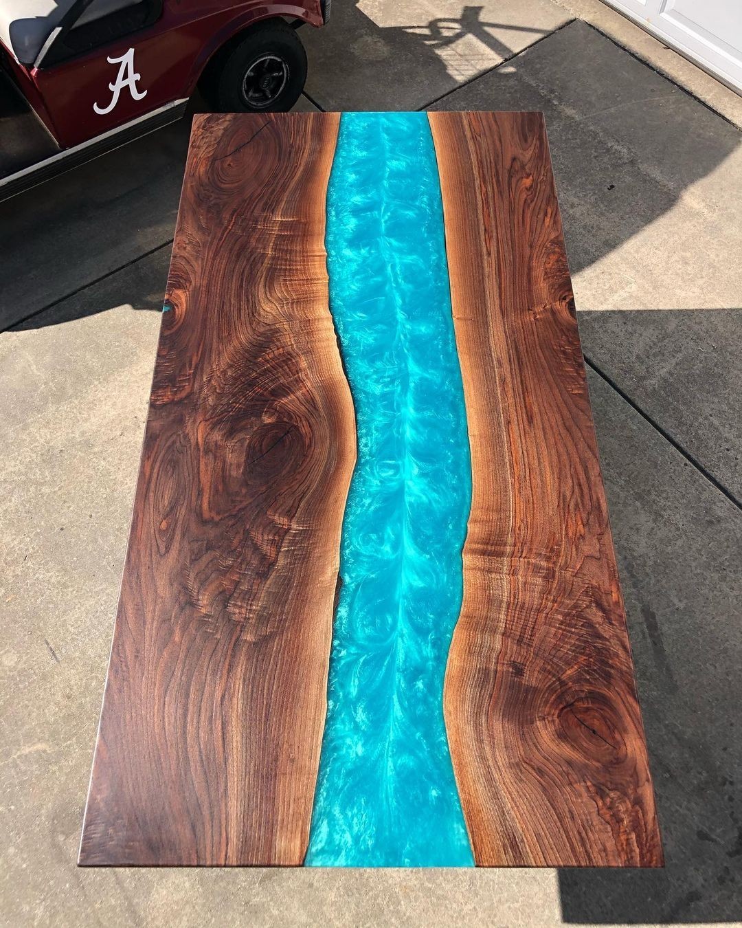 Modern Live Edge Walnut Epoxy River Table | Blue Resin Wood Desk Blue Resin top