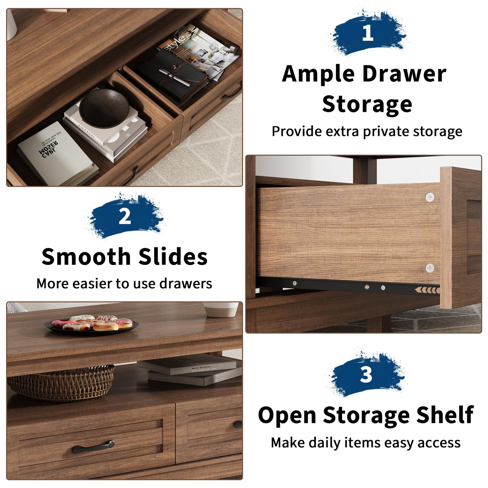 GRAVEE 47″ Farmhouse Coffee Table with 2 Drawers Wood Center Storage Shelf
