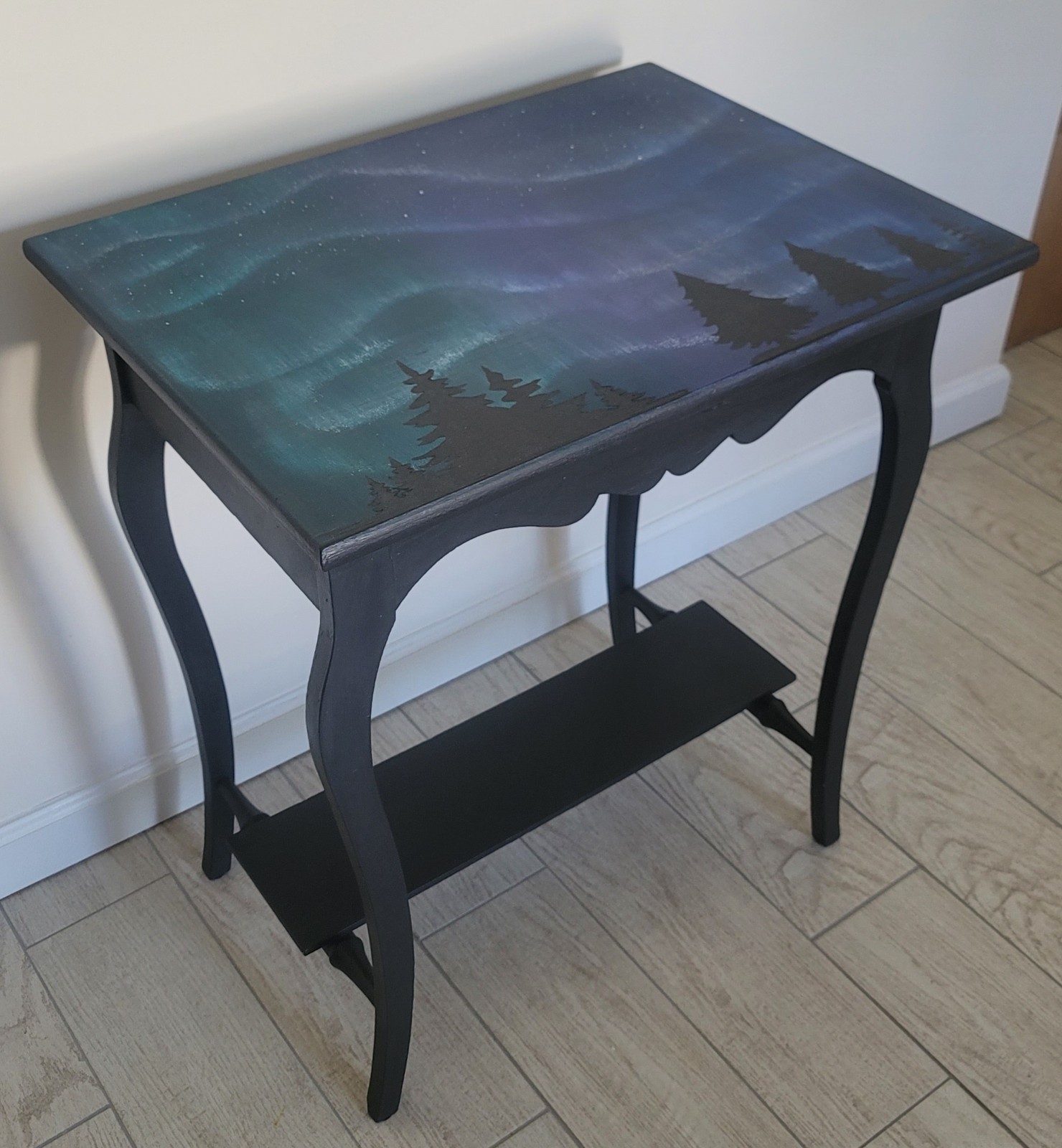 Solid Wood Hand Painted Table Aurora Borealis 27.5″ H, 24″ W, 17.75″ D