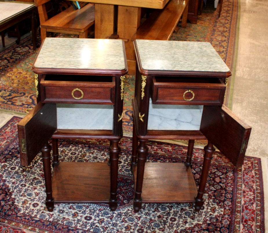 Pair of French Antique Louis XVI Mahogany Nightstands / Bedside Tables