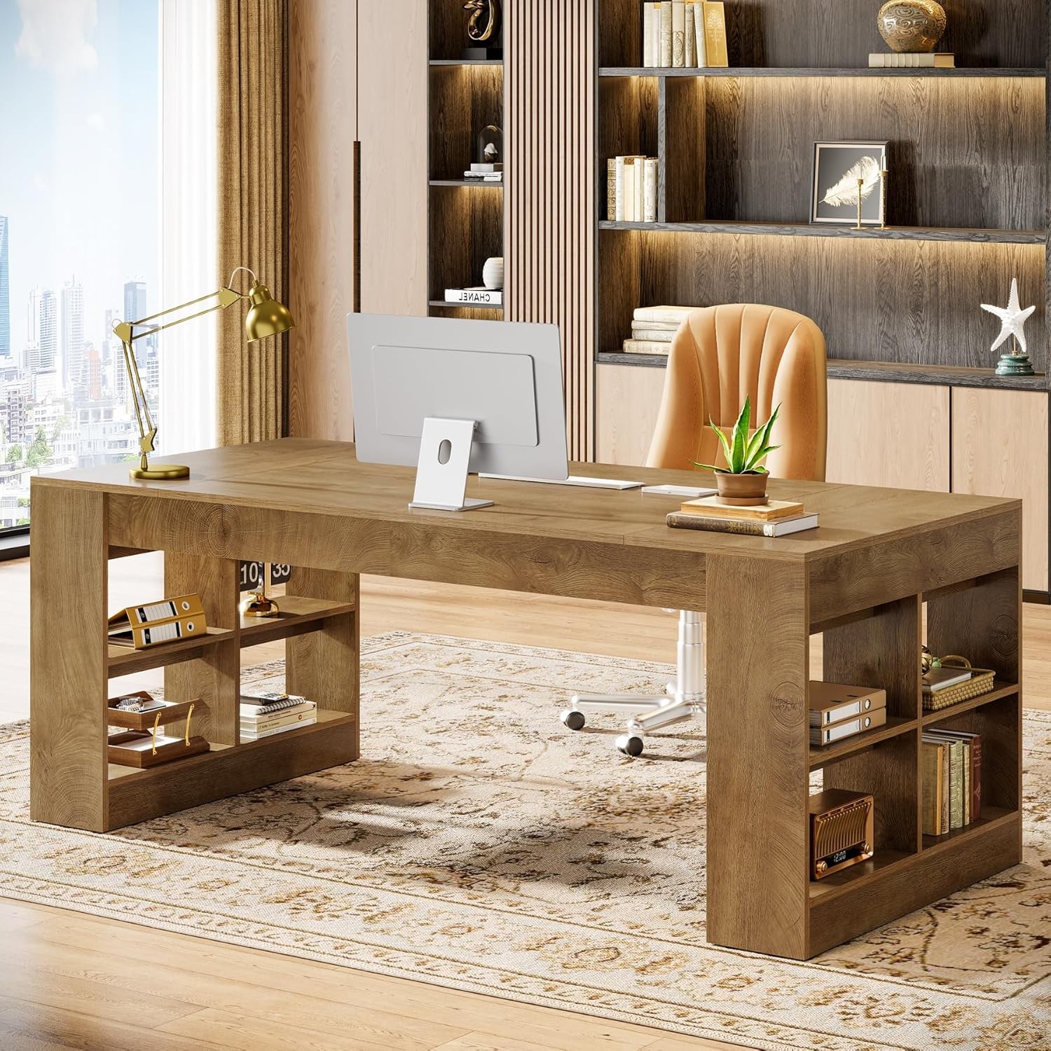 70.87” Farmhouse Executive Desk Large Office Computer Desk with Storage Shelves