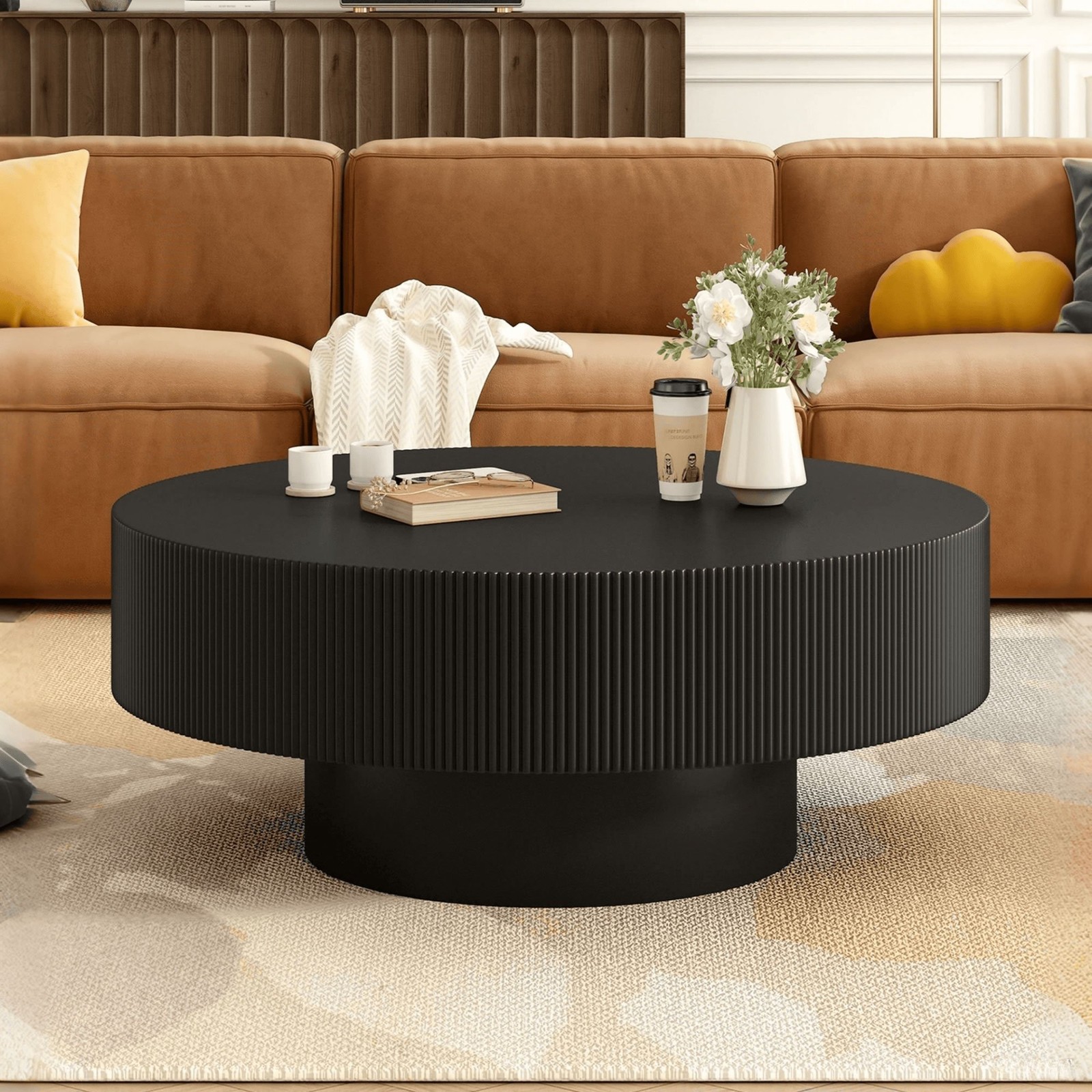 FUNIDEE Round Coffee Table w/ 6.8″ Thick Tabletop Fluted End Table Center Table