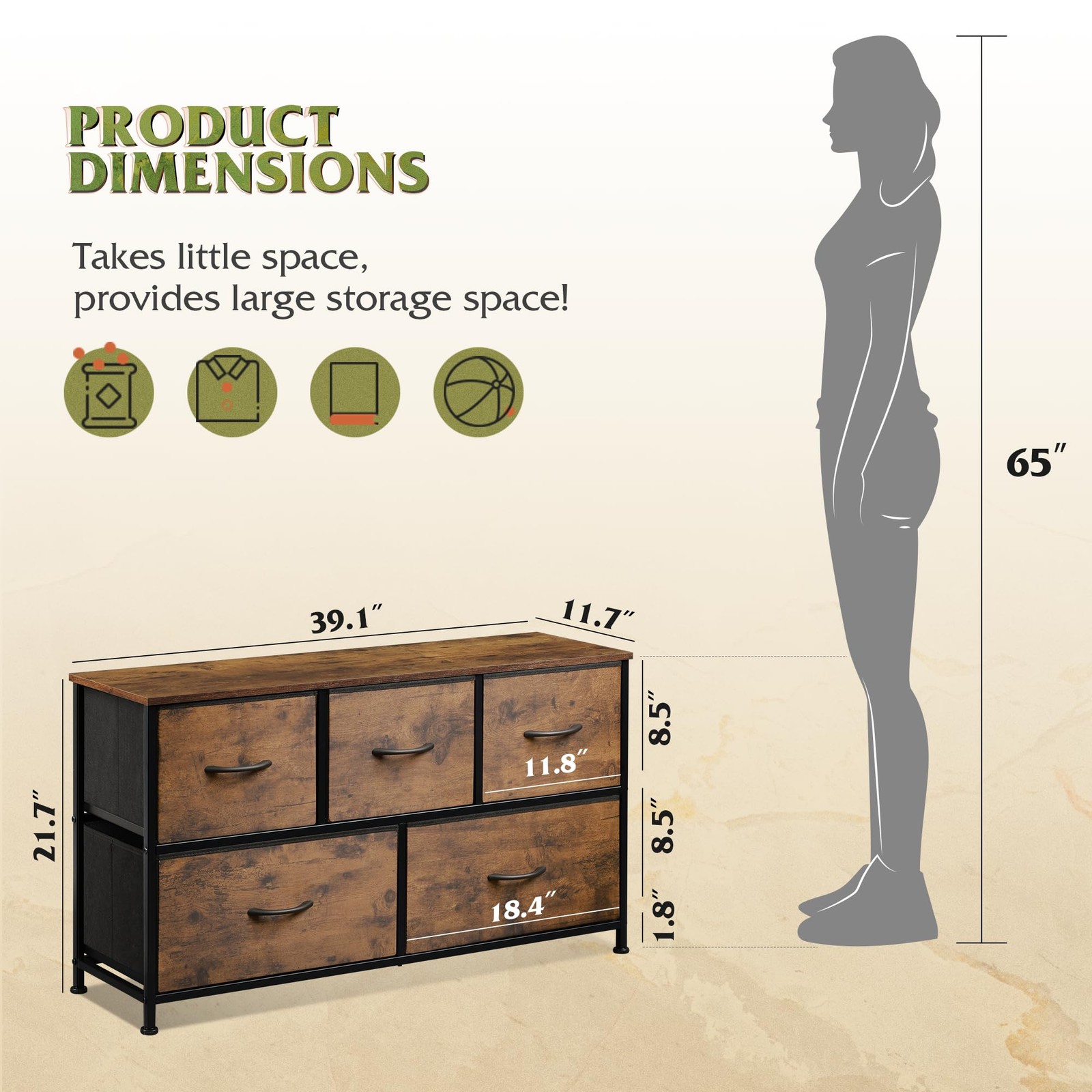 Dresser for Bedroom with 5 Drawers, Wide Chest of Drawers, Fabric Dresser, St…