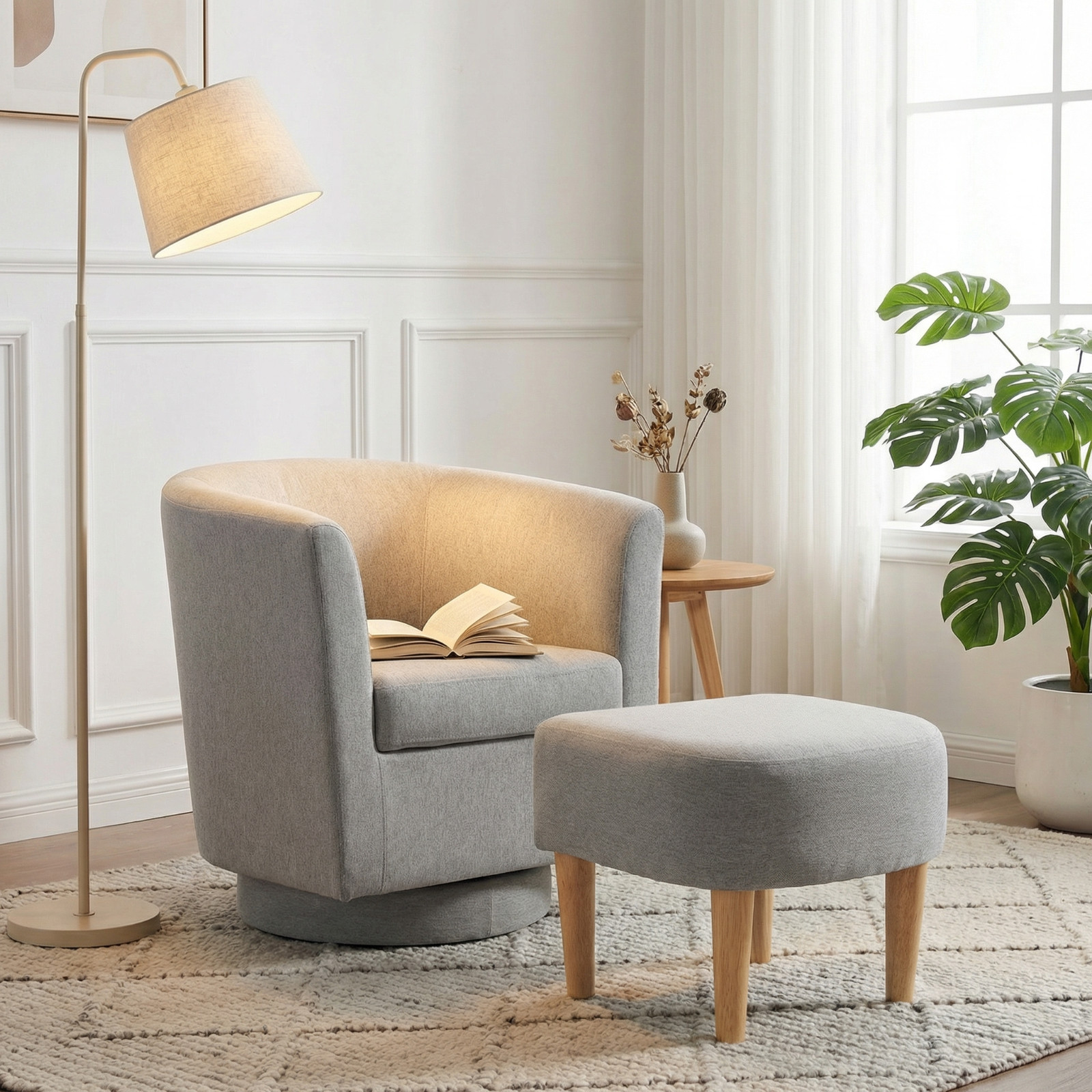 Modern Accent Swivel Armchair Fabric Single Sofa w/Ottoman Chair for Living Room
