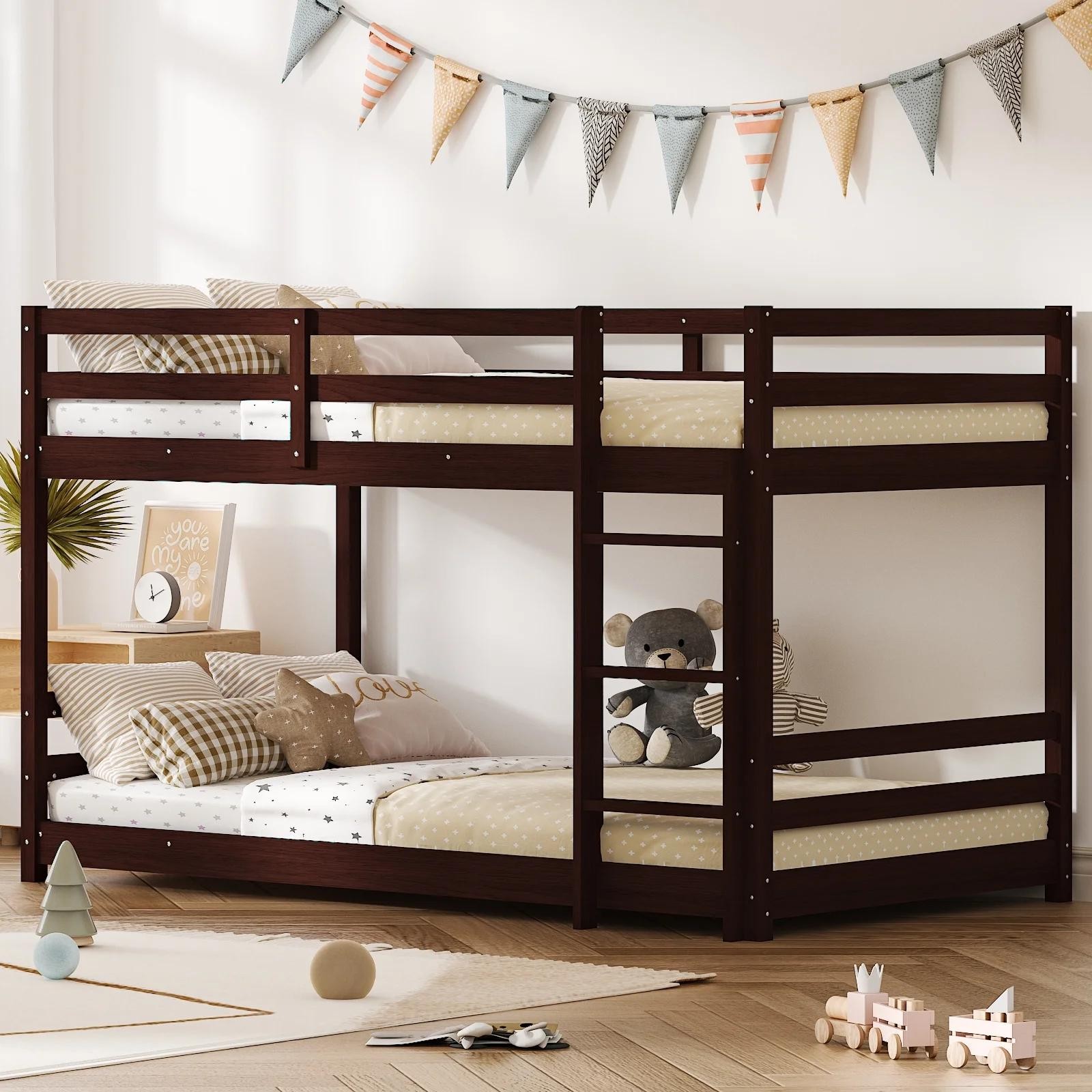 Kids Modern Twin Over Twin Low Floor Bunk Bed Frame Safety Rails Stairs Unisex