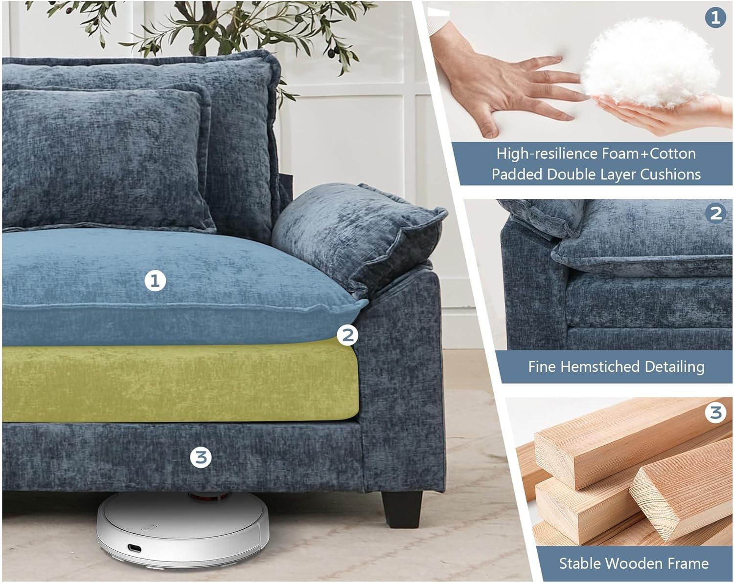 L-Shaped Sectional Sofa Corner Cloud Couch Chenille Modular Sofa w/Chaise&Pillow