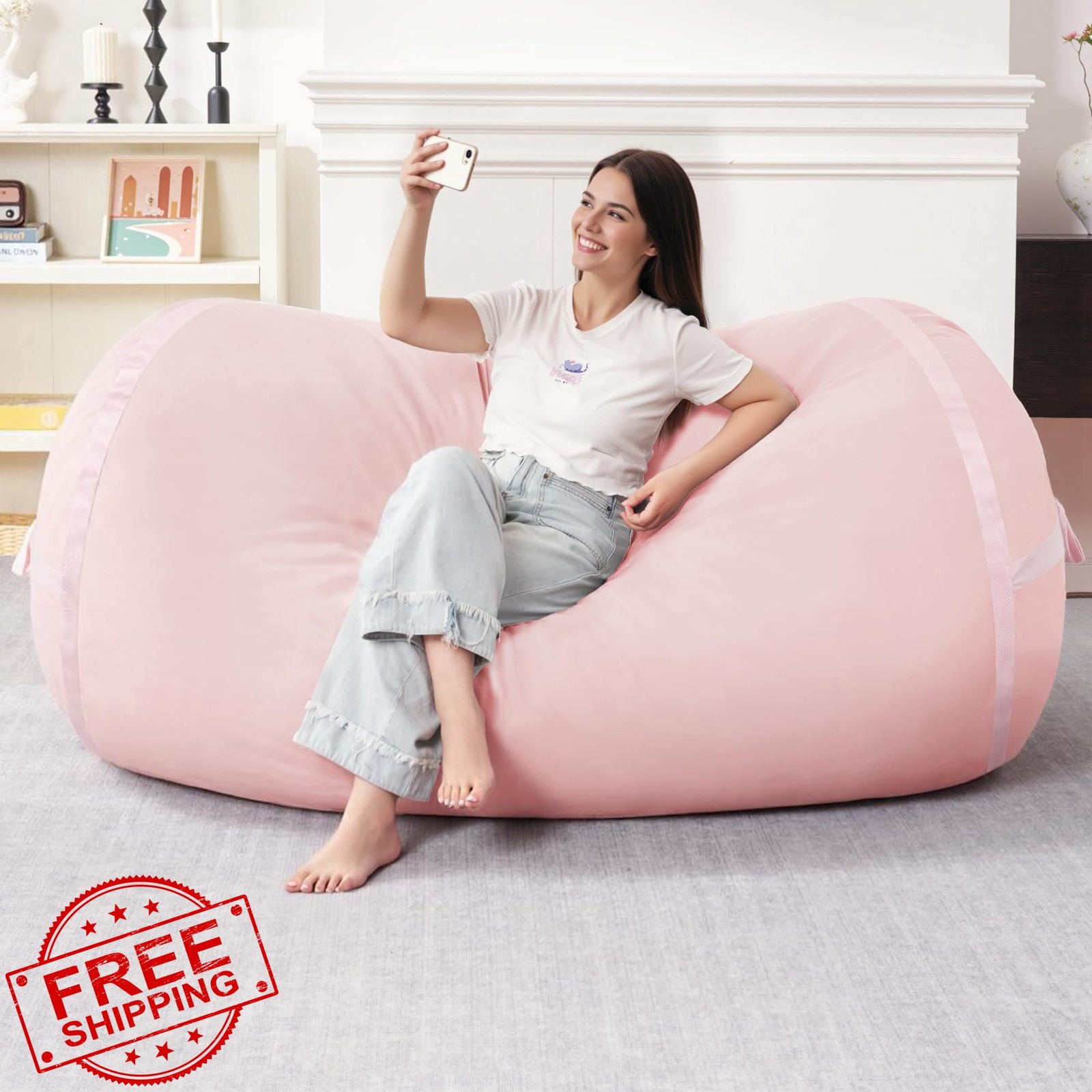 HABUTWAY 5FT Bean Bag Chair Pink Dutch Velvet Memory Foam Giant