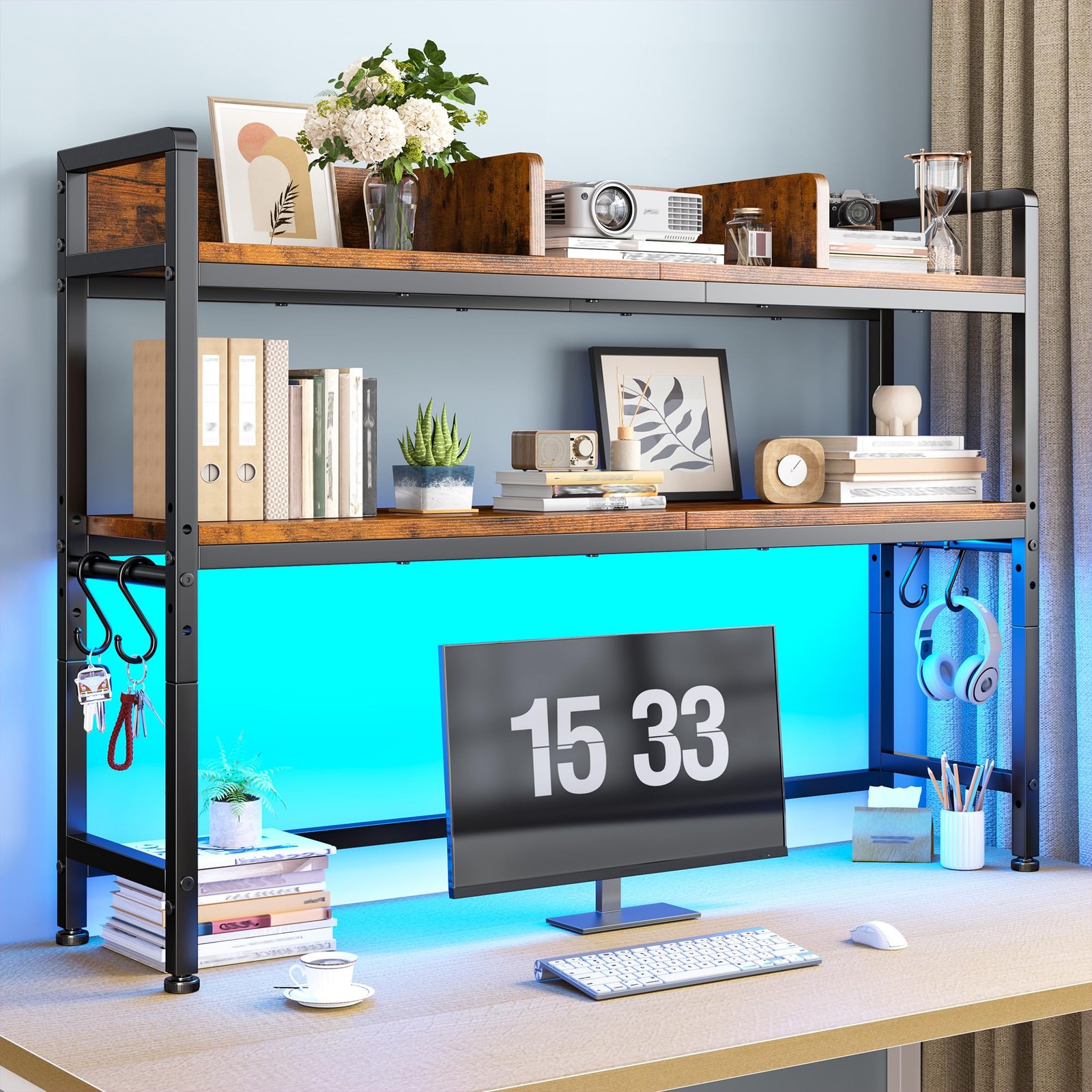 2-Tier Desk Shelf with LED for Bedroom and Home Office, Rustic Brown
