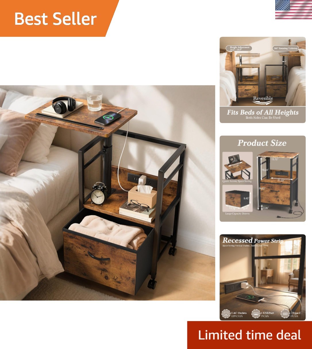 Swivel Nightstand with Charging Station End Table with Wheels Bedroom Furniture