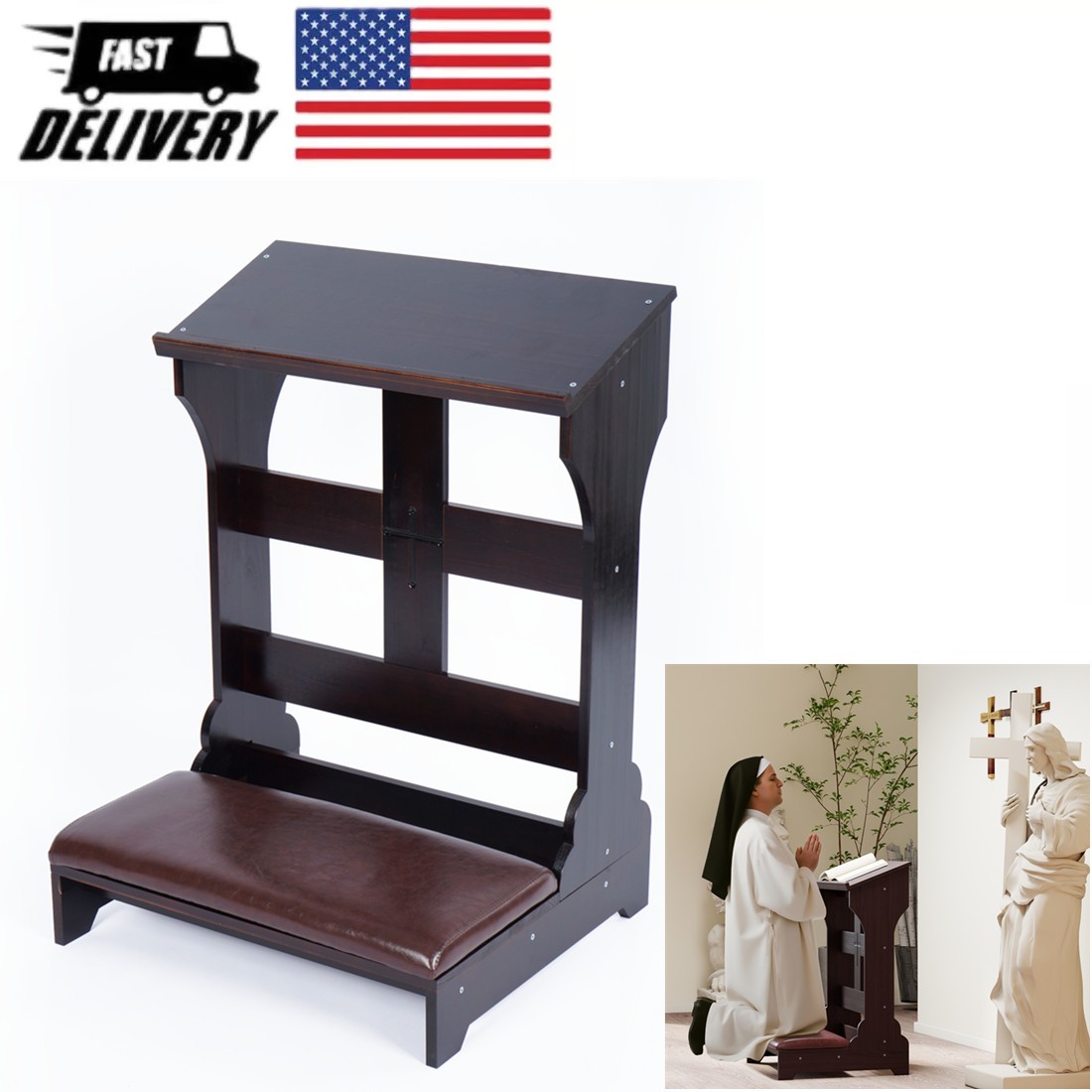Prayer Bench Tool Table Chair Kneeler w/Cushion for Church Bible Reading