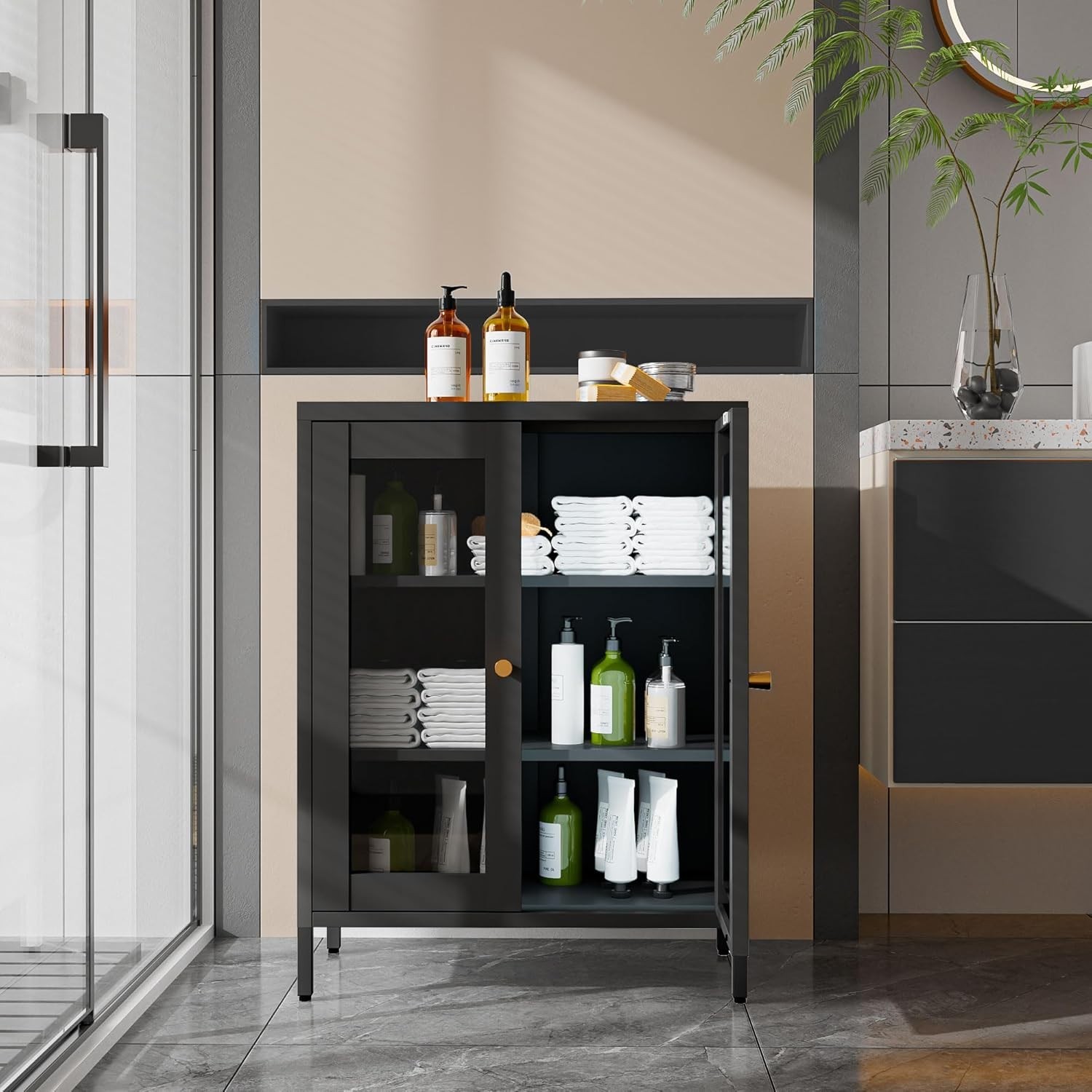 Metal Storage Cabinet with 2 Glass Doors,31.5″ H Freestanding Bathroom Cabinet