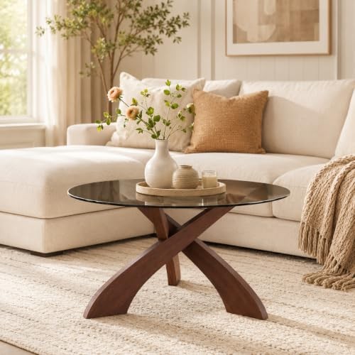 Walnut Round Glass Coffee Table, 30.7″ with Tempered Glass Top, Walnut Round