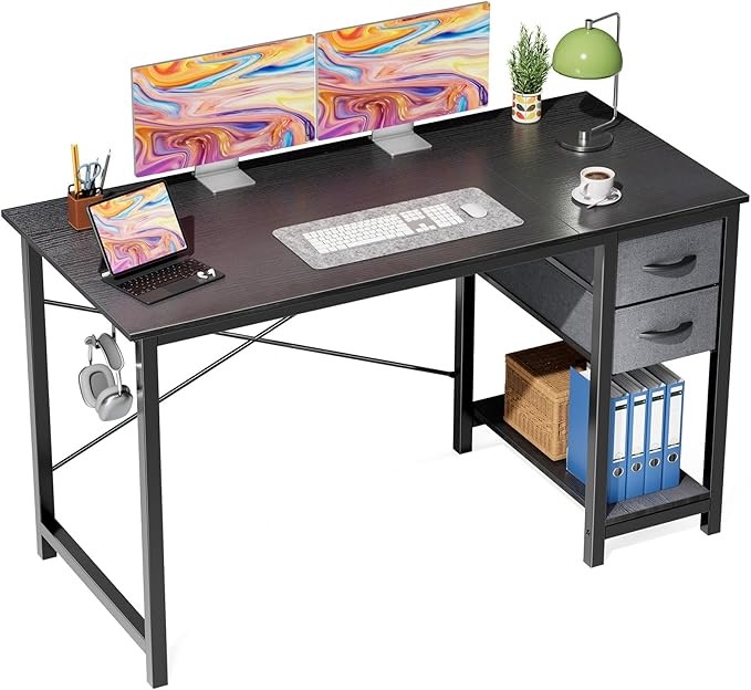 Computer Desk 40/47in Office Table 2-Tier Storage Drawers & Shelf Side Hook